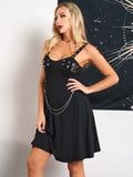 Women Summer Gothic Dress Plain Color Dress Grommet Buckle Chain Embellishment High Waisted Sleeveless A Line Midi Dress