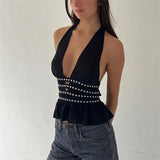 Pbong  Euramerican Sexy Halter Deep V Neck Tank Tops Heavy Hot Diamond Design Temperament Women Camisole Spicy Backless French Tops