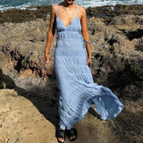 Beach Vacation Beige Blue Long Dress V-neck Folds Lace-ups A-line Chic All-match Women Dress 2025 Sleeveless Fashion New Dress