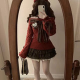 Brown Women Plaid Skirts Kawaii Lolita Sweet Mini Skirts Vintage Lace Patchwork Cute Fashion High Waist Layered Skirt