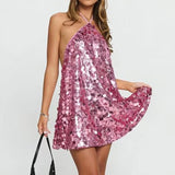 Pbong  Women Sparkly Sequin Halter Mini Dress Elegant Backless Disco Party Dress Summer Sexy Night Out Cocktail Club Dress