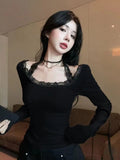 Moda Sexy Fairy Patchwork Lace Halter Fashion U Neck Shirt American Vintage Print Harajuku Crop Top Y2k Aesthetic Blackless Tee