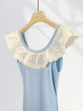 Peter Pan Collar Ruffle Knit Long Dress 2025 Blue Embroidery Patchwork Sweet Chic Tank's Dress Sleeveless Slim Summer Dresses