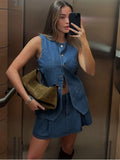 Retro Denim O-neck Vest Mini Skirt Woman's Set Casual Sleeveless Single Breasted Tops Pleated Skirts Sets Female Chic Outfits