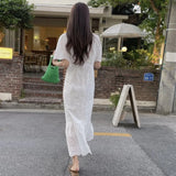 Flower Embroidery V-neck Straight Long Dress White Hollow Out Vacation Short Sleeve Dress Casual Female Clothing 2025 New