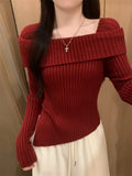 Off Shoulder Sweater Long Sleeve Ribbed Knit Sweater Fitted Pullovers Women Off-the-Shoulder Jumper Autumn Winter Outfit