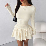 Pbong  New Autumn Winter Solid Color Cascading Ruffles Mini Dress Women Elegant Flare Sleeve High Waist Sexy Party Bodycon Dresses