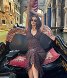 French Retro Floral Print Dress Sweet Chic Lace V-neck Slim Long Dress Short Sleeve Tight Women Dress Vacation Female Clothing
