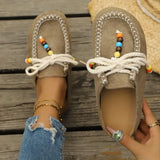 Pbong  Women New Slip-On Loafers Soft Bottom Suede Ethnic Style Flats Beaded Lace Up Casual Shoes Fashion Slippers Fashion