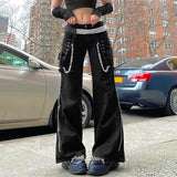 Pbong  Women Chain Cargo Pants Dark Academia Hip Hop Punk Gothic Trousers High Waist Straight Long Pants Streetwear
