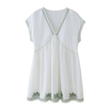 Boho Casual V-neck Short Dress 2025 New Plant Embroidery Loose Fashion Women Dress Vacation Beach Summer Female Clothing