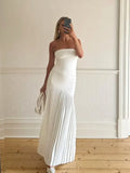 Women Solid Pleated  Hem Patchwork Long Dress Fashion Backless Strapless Sleeveless Slim Maxi Dresses Sexy Vocation Streetwear