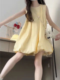 Pbong  Yellow Milk Sleeveless Vest Flower Bud Dress Women's Spring New Small Sweet Holiday Style Fluffy Short Skirt High Waist Gored...
