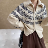 Women Fair Isle Sweater Zipper Front Collared Zip-up Sweater Knit Jacket Cozy Knitwear Teen-girl Fall Winter Vintage Outfit