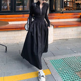 Hebe Style Long Sleeve  Collar Dress Women's Spring Autumn New Design Black Slim Fit A-Line Skirt High Waist  Sweet