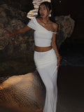 Solid Slim Long Skirt Suit For Women Slanted Shoulder Tank Top Sexy Ruched Splice High Waist Skirt Sets Summer New Ladies