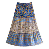 Pbong  Blue Floral Print Midi Skirt Spliced Ruched Ruffle Hem Hippie Women Tassel Bow Elastic Waist Swing Skirts Holiday