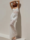 Lace Draped Ruched Sexy Maxi Dress Women Summer Patchwork Halter Sleeveless Backless Bodycon Club Long Dress Elegant