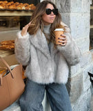 Women Fashion Cropped Faux Fur Jacket Coat Long Sleeve Front Snap-button Female Outerwear Chic Lapel Collar Thick Coat