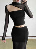 Pbong  Women Korean Fashion Sexy See Through Mesh Patchwork Basic T-shirt Office Lady Black Elegant Long Sleeve Slim Tops