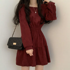 Women Long Sleeve Dresses Solid Color Square Collar A-line Sweet Vintage Design High Waist Mini Length Soft Chic Korean Elegant