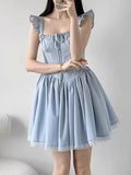 Pbong  Sweet French Blue Dress Women Elegant Lace Patchwork Retro Sexy Mini Dress Casual Square Collar Flying Sleeve Vestidos New