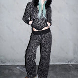 2000s European American High street HipHop Punk Rock Aesthetic Zipper Autumn Winter Trendy Female long sleeve Hoodie Pants Set