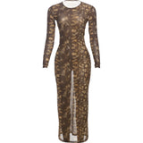 See Through Women Dress Leopard Print Women Thin o-Neck Full Sleeve Summer Midnight Clubwear Party Stretch Maxi Bodycon
