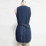 Pbong  Back Tie Sleeveless Denim Mini Dress Deep V Neck  Adjustable Waist Spring Summer Picnic  Lady Women Retro Preppy Outfit