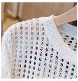Women Mesh Top Oversized Long Sleeve T-shirts Crew Neck Loose Casual Knit Tees See-Through Openwork Knit Top Women Spring Summer