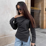 Pbong  New Autumn Women Solid Color Sexy Spicy Girl Slanted Neck Off Shoulder Pullover Regular T-Shirt Fashion Top for Women