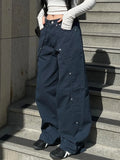 Pbong  Women's Casual Loose Rivet Wide Leg Jeans Basic Low-Waisted Straight Pants Streetwear Ladies Trousers
