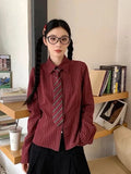 Slim Vintage Striped Tie Shirt Women Fall Long Sleeve American Preppy Style Blouse Casual Female Turn Town Collar Retro Tops New