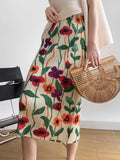 Midi Print Skirts Women Vintage Summer Holiday Back-slit Mujer Aesthetic Prairie Style Office Lady Ins Temperament Casual Daily