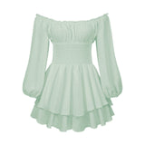 Pbong  Women's Loose Playsuit Puff Long Sleeve Square Neck Ruffle Short Romper Dress Spring Fall Casual Elegant Overalls