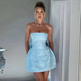 Jacquard Waist Wrap A-line Dress Women Mini 2024 Spring Summer Dress Elegant Bow Backless Sexy Party Dresses