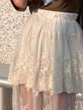 Pbong  Sweet Long Korean for Women High Waist A-line Embroidery Jupe  Fashion See Through Lace Summer Skirt