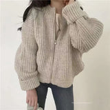 Women's Zip Up Sweater Cardigan Chunky Knit Stand Collar Zipper Front Plain Sweater Jacket Ladies Korean Chic Fall Winter Outfit