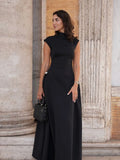 Elegant Oblique Collar Pleated A-line Dress For Women Fashion Brown Sleeveless Slim Long Dresses New Evening Party Gowns