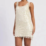 Pbong  Women Sequin Mesh Mini Dress Sleeveless Tie-Back Layered Bodycon Short Dress Coquette Sparkly Party Nightclub Dress