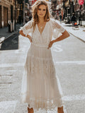 Hollow Out White Dress Sexy Women Lace Long Dress Cross Semi-Sheer Plunge V-Neck Short Sleeve Lace Maxi Dress