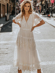 Hollow Out White Dress Sexy Women Lace Long Dress Cross Semi-Sheer Plunge V-Neck Short Sleeve Lace Maxi Dress