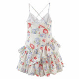 Pbong  Floral Print Mini Dress Summer Holiday Chic Dress Women Spaghetti Straps V-neck Ruffles Tiered Party Ladies Dresses