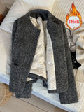 Winter Faux Woolen Gray Coat Women Vintage Thick Warm Long Sleeve Slim Jacket Casual O Neck Female Korean Elegant Retro Top