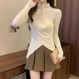 Autumn Winter Woman Vintage Irregular Pullovers Sweater Long Sleeve Turtleneck Knitwears 2000s Aesthetic Design Slim Solid Color