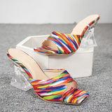 Woman Slippers New Summer Camouflage Transparent Strange Crystal High Heels Sandals Women Square Toe Mules Lady Pumps Slides