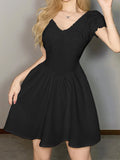 Black V-Neck Short Sleeve A-Line Dress