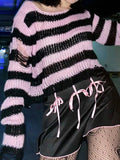 Pbong  Striped Women's Crop Sweater Punk Streetwear Korean Style Hole Thin Knitted Gothic Long Sleeve Y2k Pullover