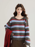 Korean Sweet Striped Sweater Women Sexy V Neck Vintage Knitted Jumper Casual Long Sleeve Female Lazy Wind Pullover Tops New