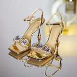 Gold Silver High Heels Sandals Women  Summer Square Toe Shiny Crystal Sandals Woman Ankle Straps Thin Heel Party Pumps Shoes